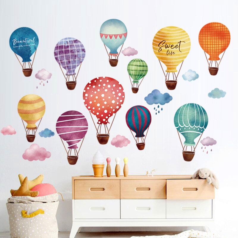 儿童房墙面装饰小图案卡通墙纸自粘卧室温馨热气球贴画彩色墙贴纸