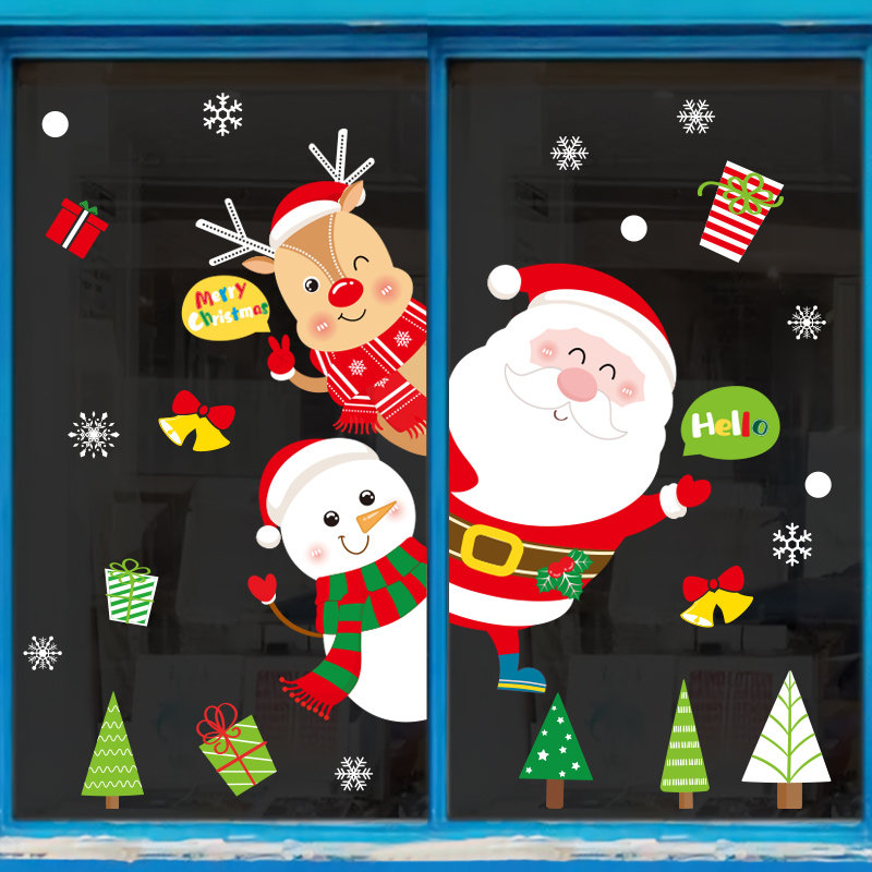 圣诞节装饰门贴卡通圣诞老人贴纸珠宝店商场玻璃橱窗场景布置贴画