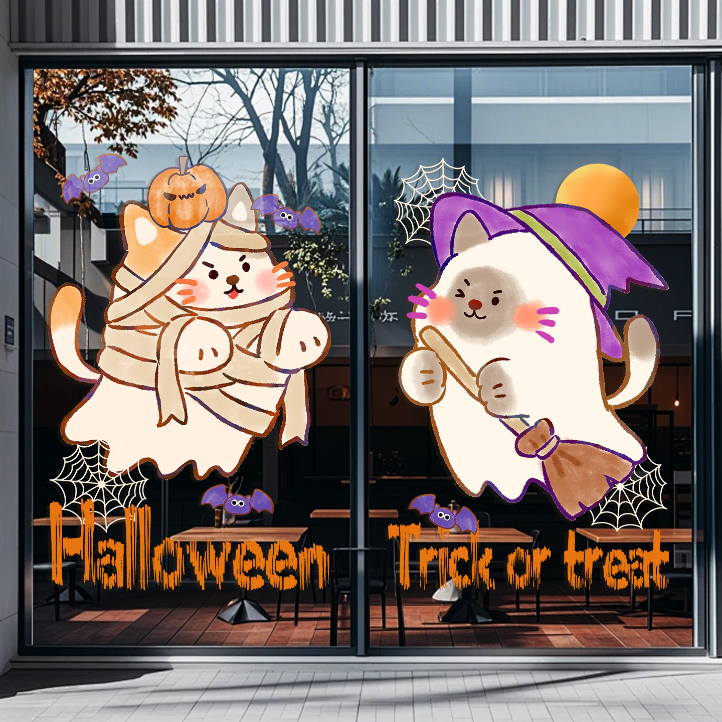 万圣节装饰布置贴纸酒吧商场幼儿园场景氛围卡通木乃伊玻璃门贴画图片
