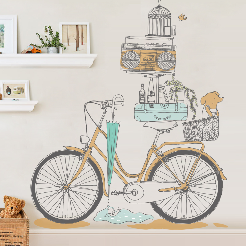 时尚文艺客厅装饰品墙贴纸简约玄关走廊手绘复古自行车自粘墙贴画