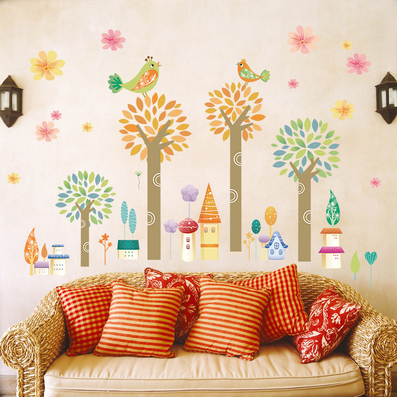 幼儿园卡通梦幻儿童房卧室装饰墙贴走廊玄关布置彩色大树自粘贴纸