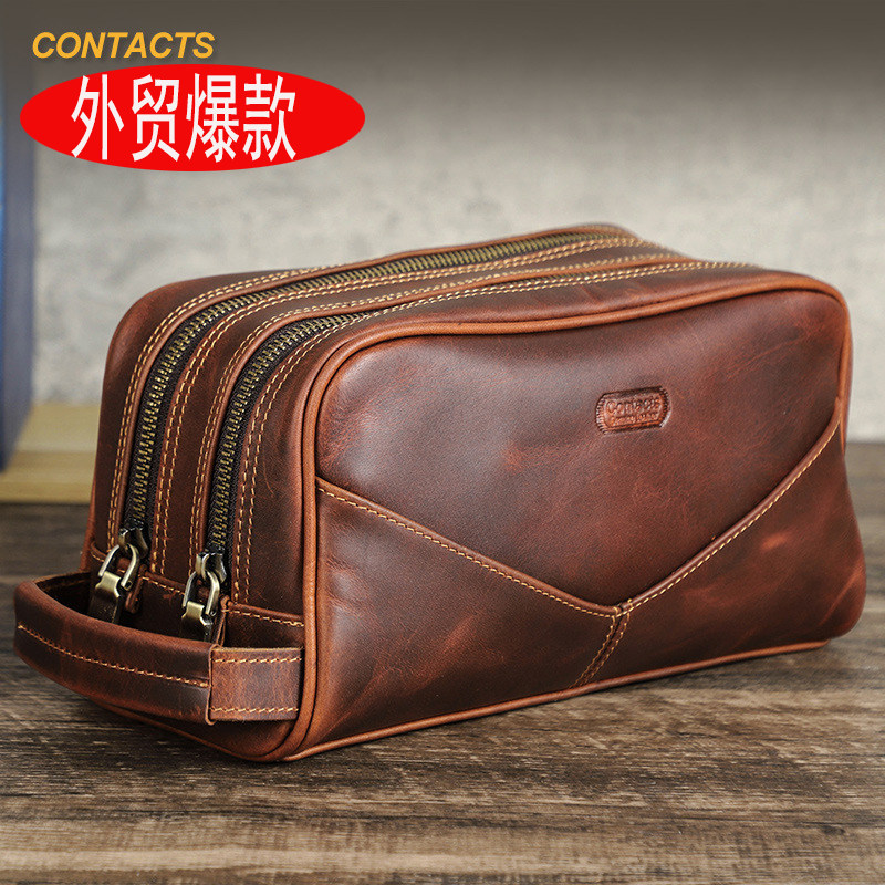 跨境高端品牌男士手拿包疯马牛皮双拉链大容量手提手挽包真皮小包