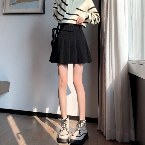 여성용 하이웨이스트 A라인 코듀로이 스커트 여성용 플리츠 스커트 슬리밍 스커트