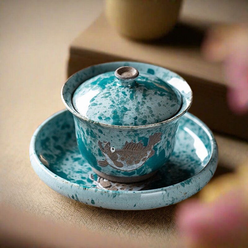 手工柴烧粗陶浮雕陶瓷三才盖碗复古泡茶碗富贵有余功夫茶具泡茶器