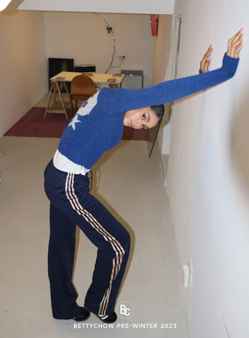 Bettychow名模同款 中古3条纹哑光深蓝直筒运动裤美式复古休闲裤