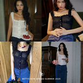 Bettychow 南法 棉质手钩镂空小背心白色蓝色时髦休闲方领上衣