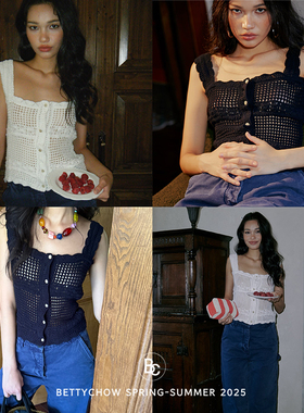 Bettychow 南法 棉质手钩镂空小背心白色蓝色时髦休闲方领上衣