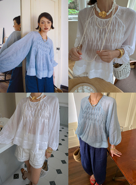 Bettychow Betty私服！苎麻圆领上衣亚麻蓝白色法式减龄俏皮衬衫