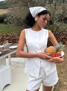 Bettychow 法式亚麻白色马甲背心短裤ins极简风清爽时尚无袖套装