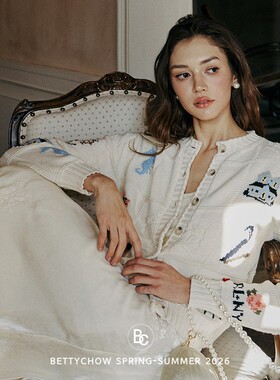 Bettychow 重工刺绣黄油色花朵开衫毛衣米白植物花卉休闲长袖外套