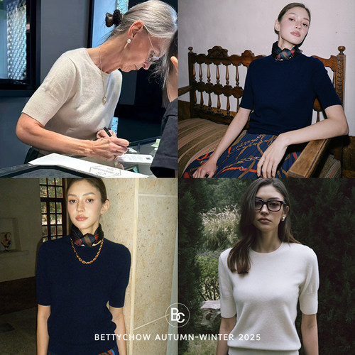 Bettychow 法式五分袖100%山羊绒半袖打底衫时髦百搭基础简约上衣