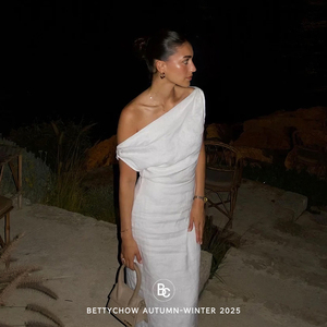 Bettychow 法式白色亚麻度假收腰无袖连衣裙收腰裙修身女士礼服裙