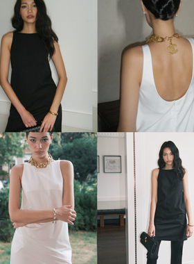 Bettychow 黑松露肌理棉麻 轻露背无袖连衣裙休闲小黑裙白色黑色