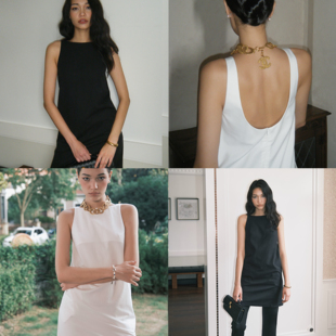 连衣裙休闲小黑裙白色黑色 轻露背无袖 Bettychow 黑松露肌理棉麻