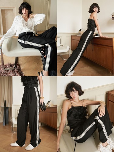 BettyChow黑白条纹运动阔腿裤