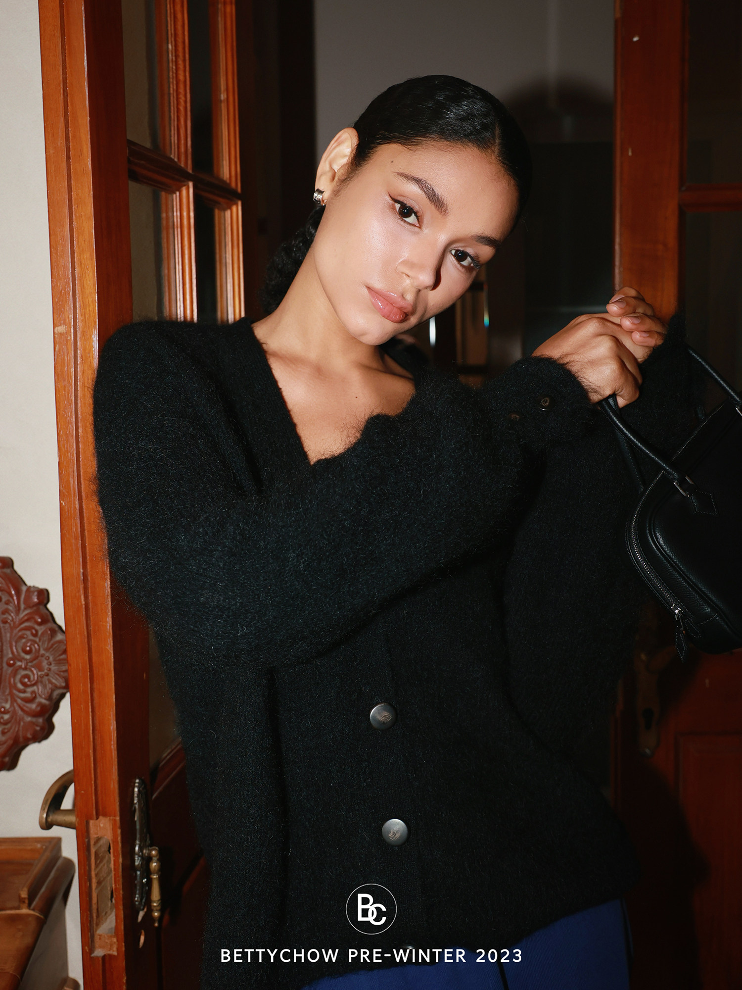 BettyChow法式马海毛黑开衫