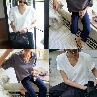 阔肩高支棉V领T恤2色简约短袖