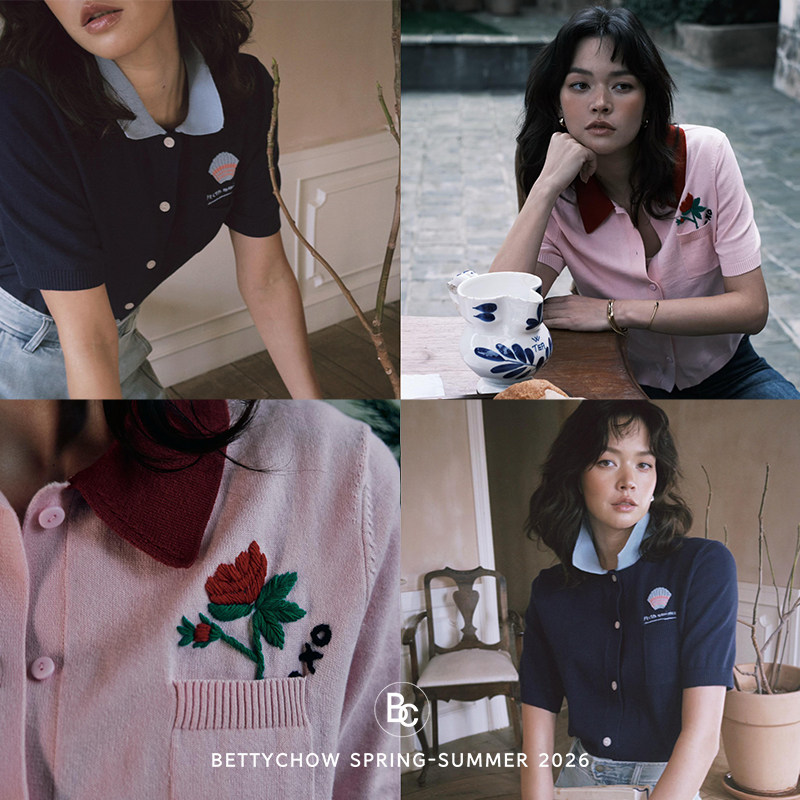 Bettychow 棉质小翻领毛织刺绣开衫小清新植物花卉甜美风上衣