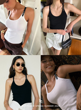 Bettychow 皮扣高弹力螺纹背心黑色白色复古运动感修身活力上衣