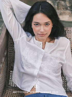 Bettychow 亚麻修身刺绣白色衬衫开衫cleanfit宽松新品长袖上衣