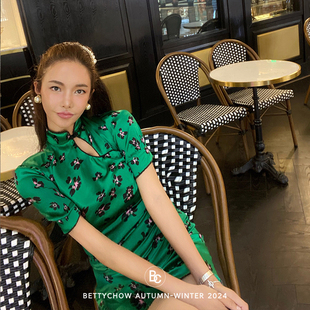 手工缝制730颗连衣裙 小旗袍 BettyChow珍藏 真丝绿花改良版