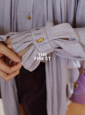 Bettychow 鎏金咖啡豆 冰丝提花淡紫色衬衫重工法式chic飘带上衣