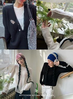 Bettychow 100%美丽奴细羊毛薄透小流苏打底衫黑色白色纯色毛衣