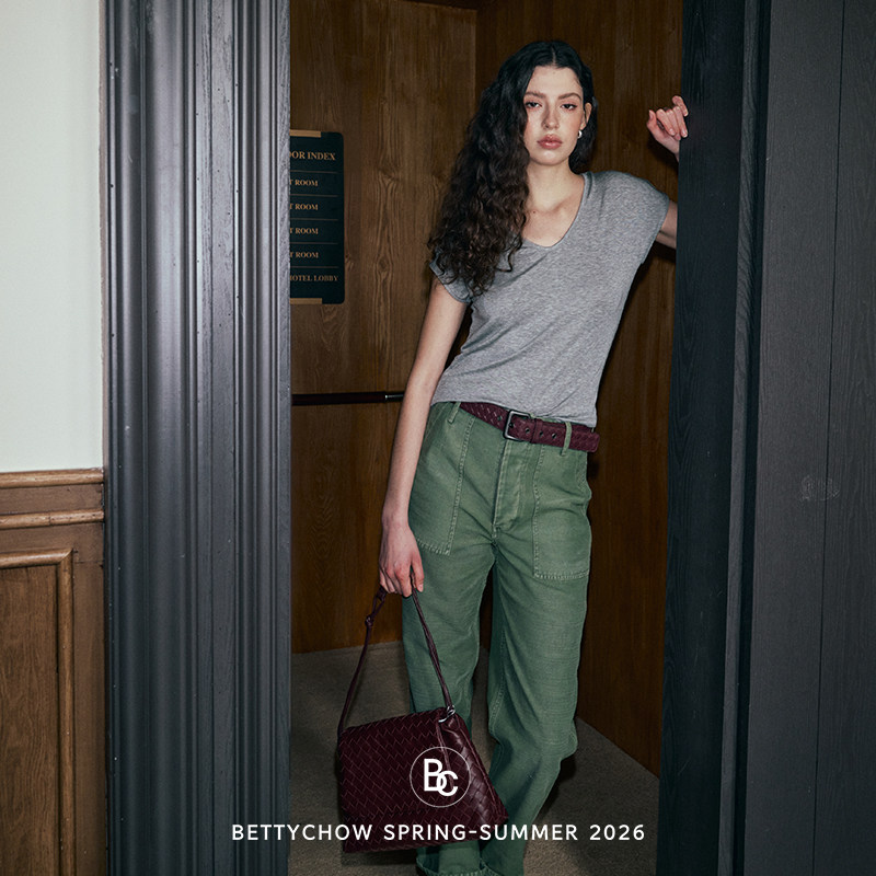 Bettychow 橄榄绿砂洗棉质长裤通勤风女士显瘦休闲直筒裤