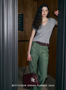 Bettychow 橄榄绿砂洗棉质长裤通勤风女士显瘦休闲直筒裤