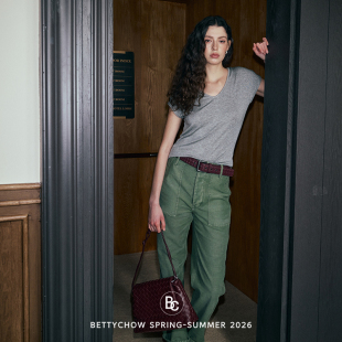 通勤风女士显瘦休闲直筒裤 Bettychow 橄榄绿砂洗棉质长裤
