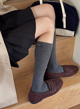 IOULOR秋冬ins风韩系袜子女条纹字母标灰色及膝小腿袜纯色堆堆袜