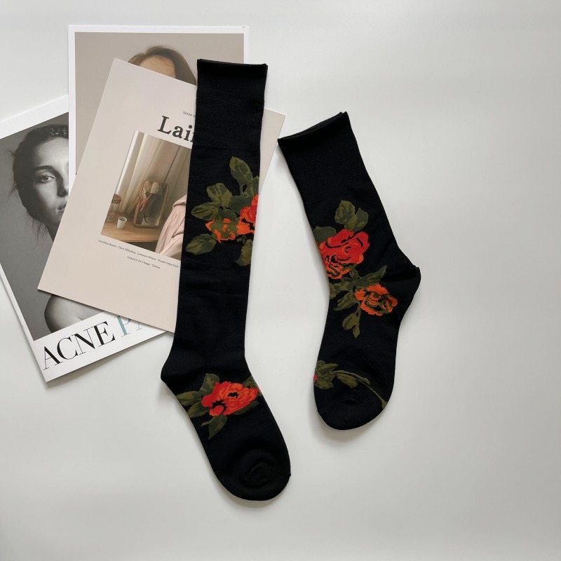 丝光棉提花及膝袜女潮日系ins小腿袜个性欧美潮牌复古花朵长筒袜,女士内衣/男士内衣/家居服,长筒袜,淘宝优惠券,粉丝福利购,淘宝优惠卷