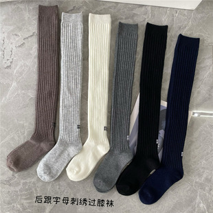 欧货M字母刺绣竖条纹小腿袜复古时尚 羊毛袜子女ins潮羊绒过膝袜