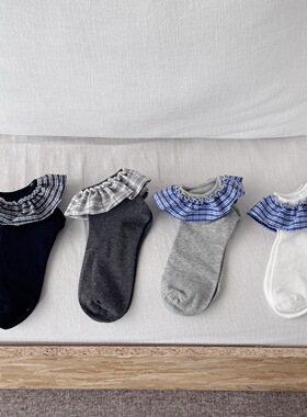 IOULOR甜美蓝色格子芭蕾风纯棉花边袜子女春夏季薄款透气无骨短袜