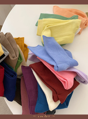 IOULOR秋季新款韩版纯色袜子女日系细条纹中筒袜百搭简约堆堆袜