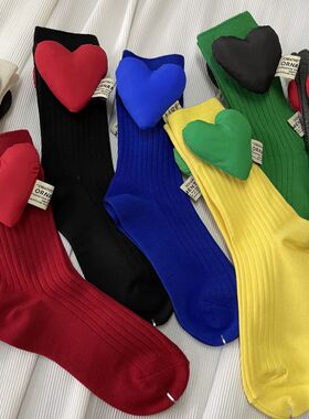 立体爱心字母标纯色双针中筒袜红色本命年袜克莱因蓝BV绿可爱女袜