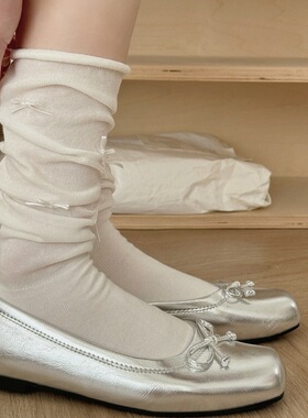 夏季薄款芭蕾风蝴蝶结小腿袜jk风洛丽塔袜子女白色日系卷边堆堆袜