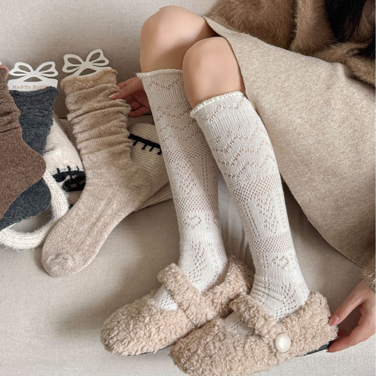 保暖女羊毛镂空暗纹保暖小腿袜