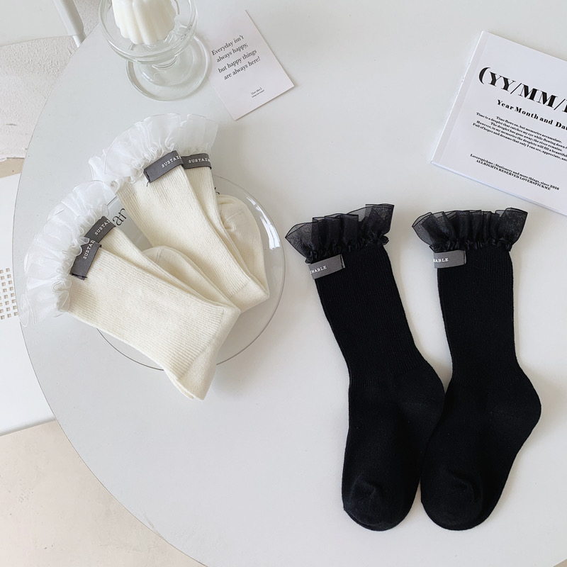 个性女棉袜褶皱蕾丝中筒袜