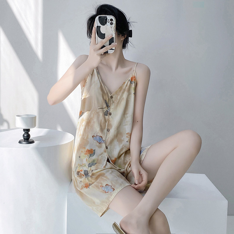 新款棉绸吊带短裤睡衣女夏季薄款凉快少女可爱人造棉绵绸家居服