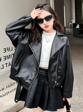 女童秋装皮衣外套2026新款春秋款洋气儿童女孩大童酷帅皮夹克上衣