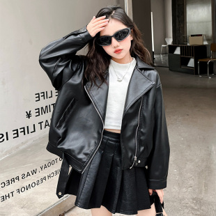 洋气儿童女孩大童酷帅皮夹克上衣 春秋款 女童秋装 皮衣外套2026新款