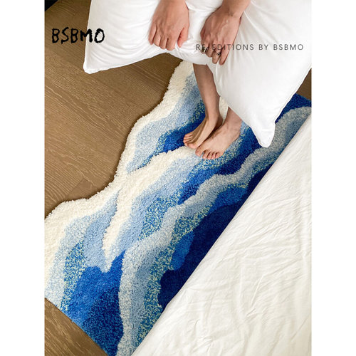 裸脚感!加厚浮雕立体植绒卧室地毯床边毯高级感蓝色儿童海浪地垫