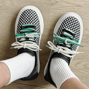 黑白格子帆布鞋男鞋双鞋带个性绑带厚底国潮休闲潮鞋夏季板鞋小众