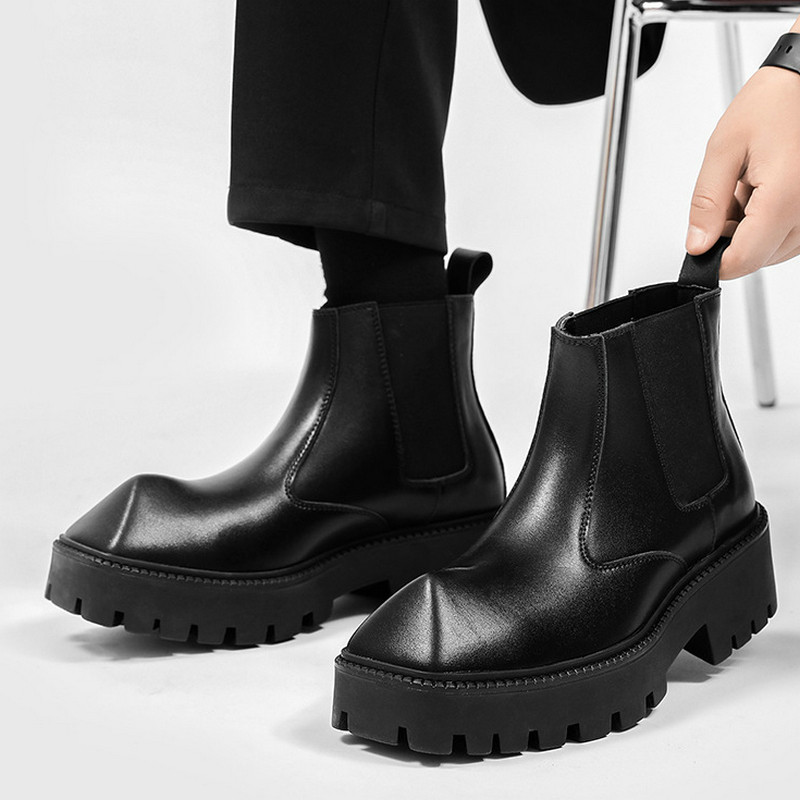 男士切尔西靴高级感方头增高黑色短靴原创痞帅高帮皮靴小众马丁靴