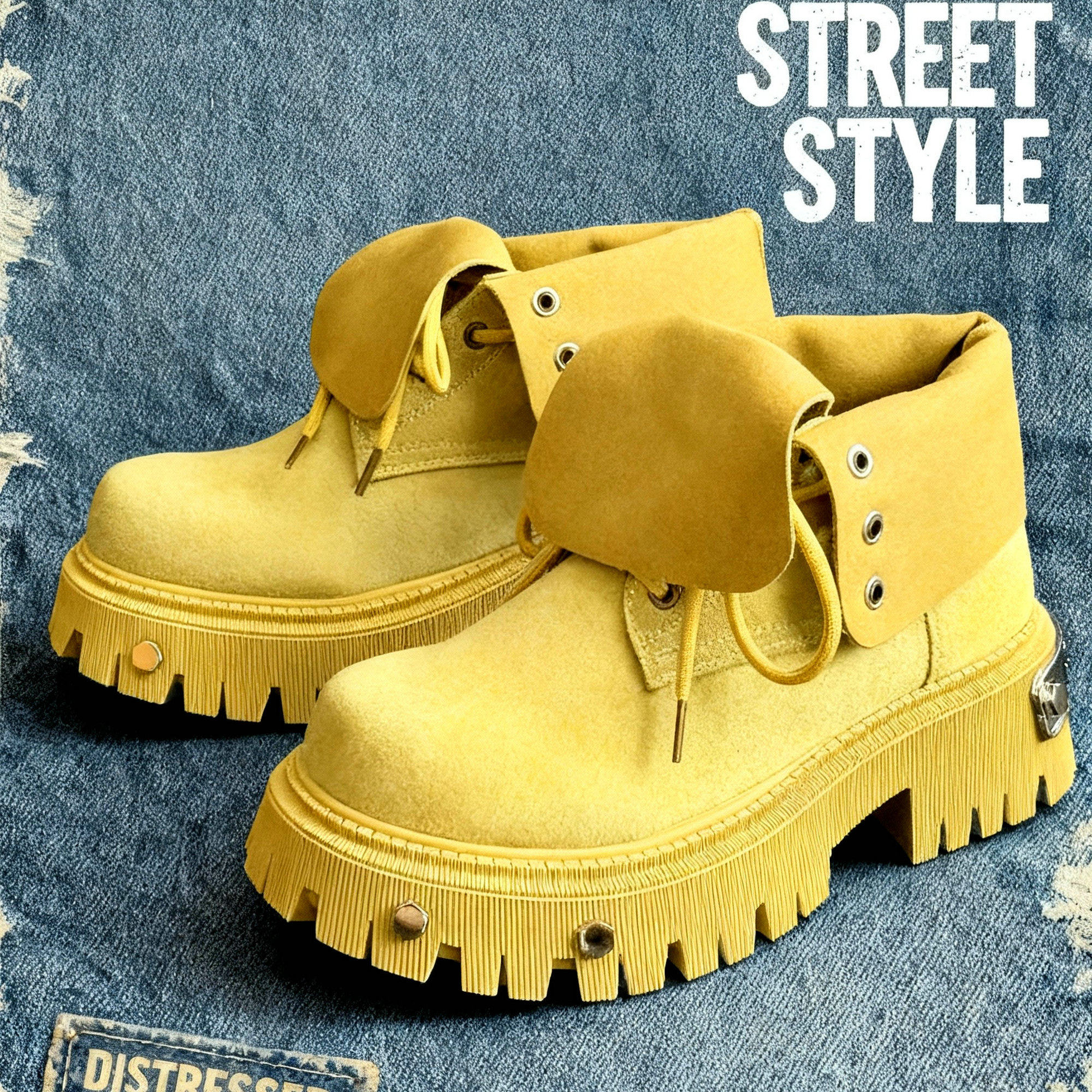 马丁靴男鞋朋克风小众工装潮靴高帮机车靴美式原创黄色厚底大黄靴