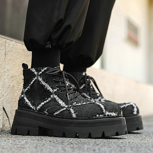 马丁靴男小众高级设计感黑色美式时装靴高帮潮靴厚底潮流帆布短靴