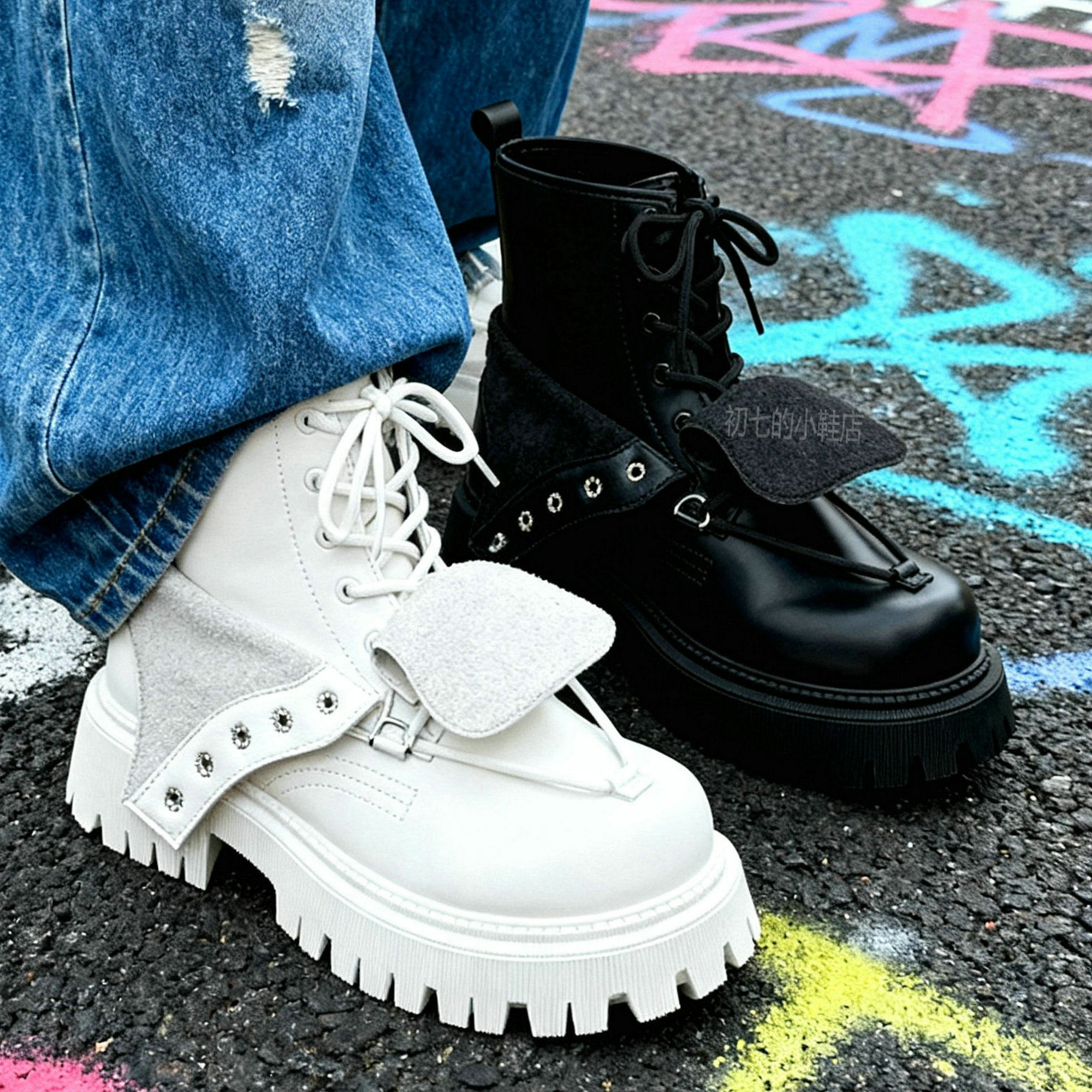 马丁靴男鞋高帮黑色个性小众原创翻盖高级感白色潮靴子美式机车靴