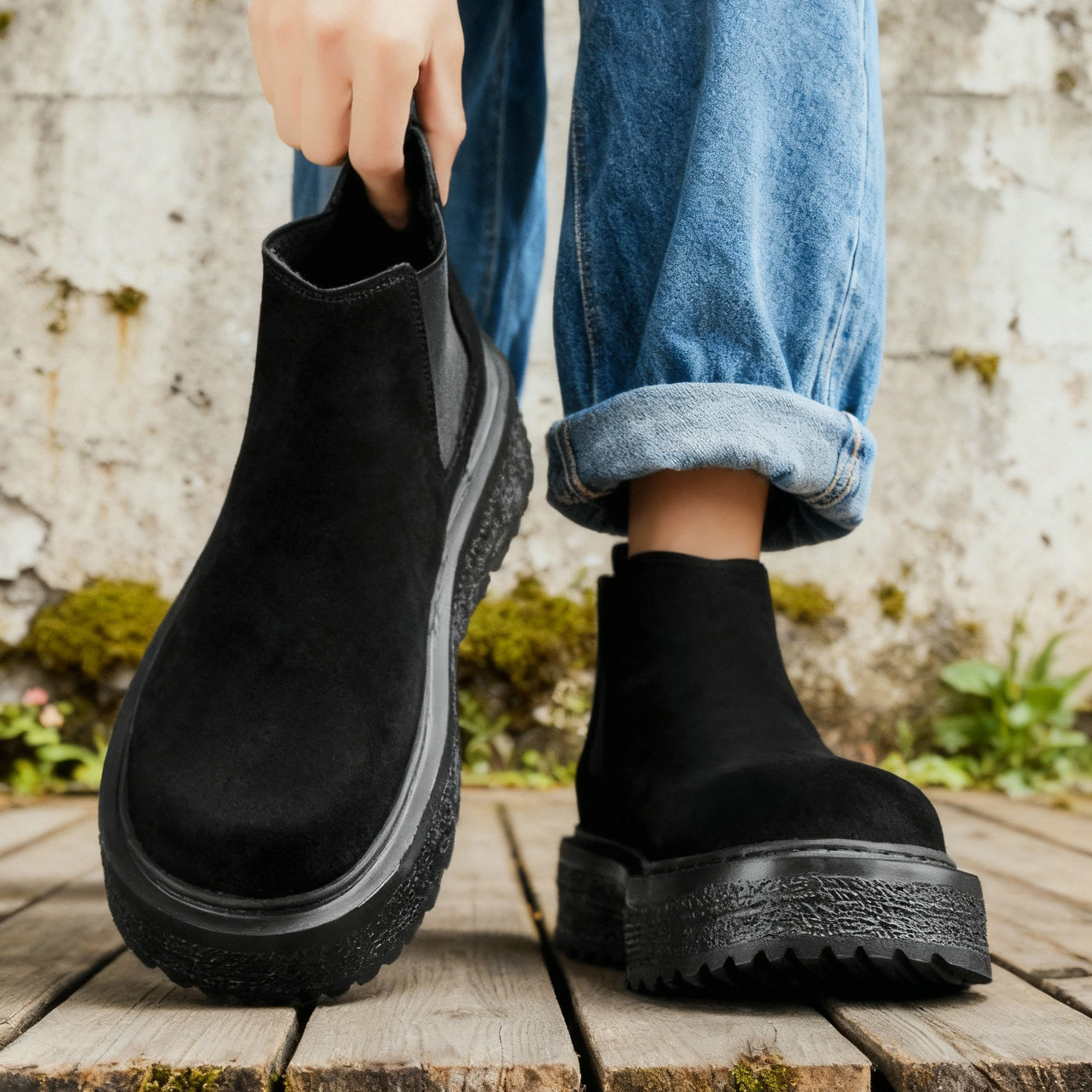 男士切尔西靴英伦风短靴子中帮厚底黑色复古短筒磨砂一脚蹬马丁靴