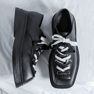 皮鞋男士高级感小众方头时尚年轻夏季黑色痞帅平头设计真皮德比鞋